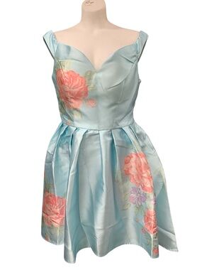 Chi Chi London Pale Blue Floral Off-Shoulder Fit & Flare Dress Size L